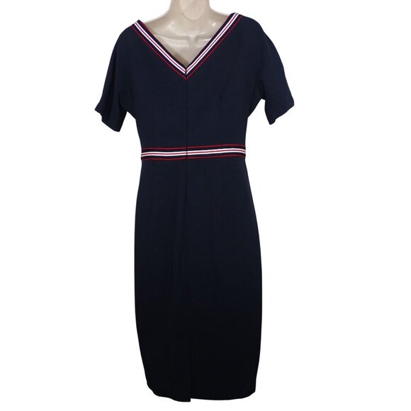 Maggy London Navy Blue V-Neck Sheath Dress Women Size 4 Short Sleeve - Picture 4 of 6